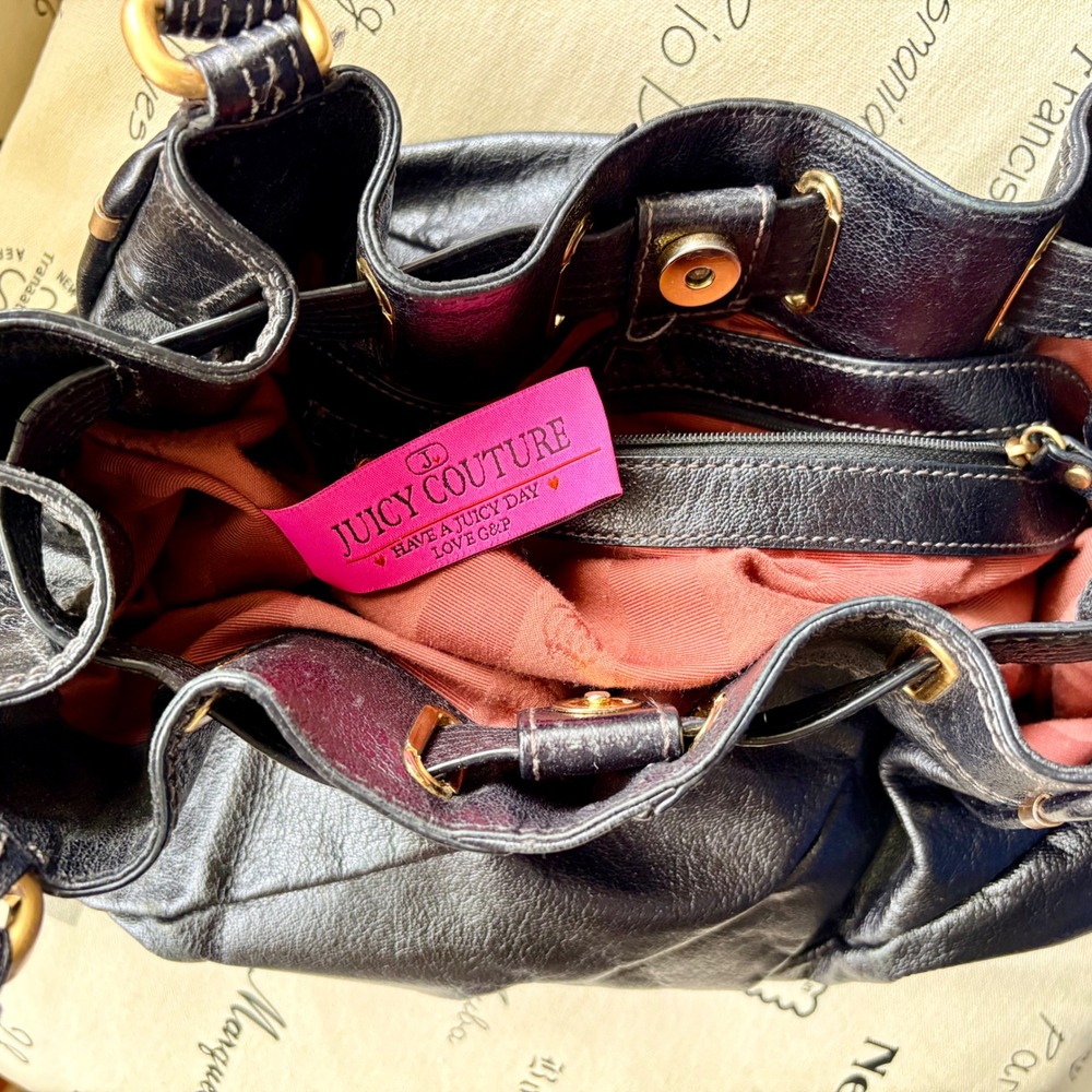 Y2K Juicy Couture Black Genuine Leather Pleated Hobo Shoulder Bag Gold Hardware - Picture 6 of 13